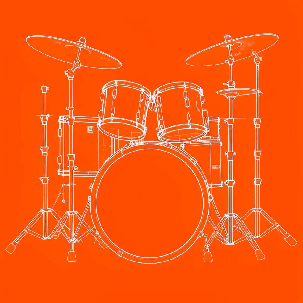 A blueprint-style diagram of a drum kit outline with labeled parts, drawn in blue lines against a white background with orange accent circles