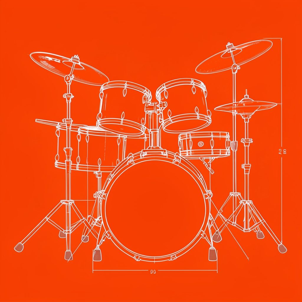 A technical blueprint-style line drawing comparing a round acoustic drum shell to an electronic drum pad, sketched in blue and white with red measurement marks