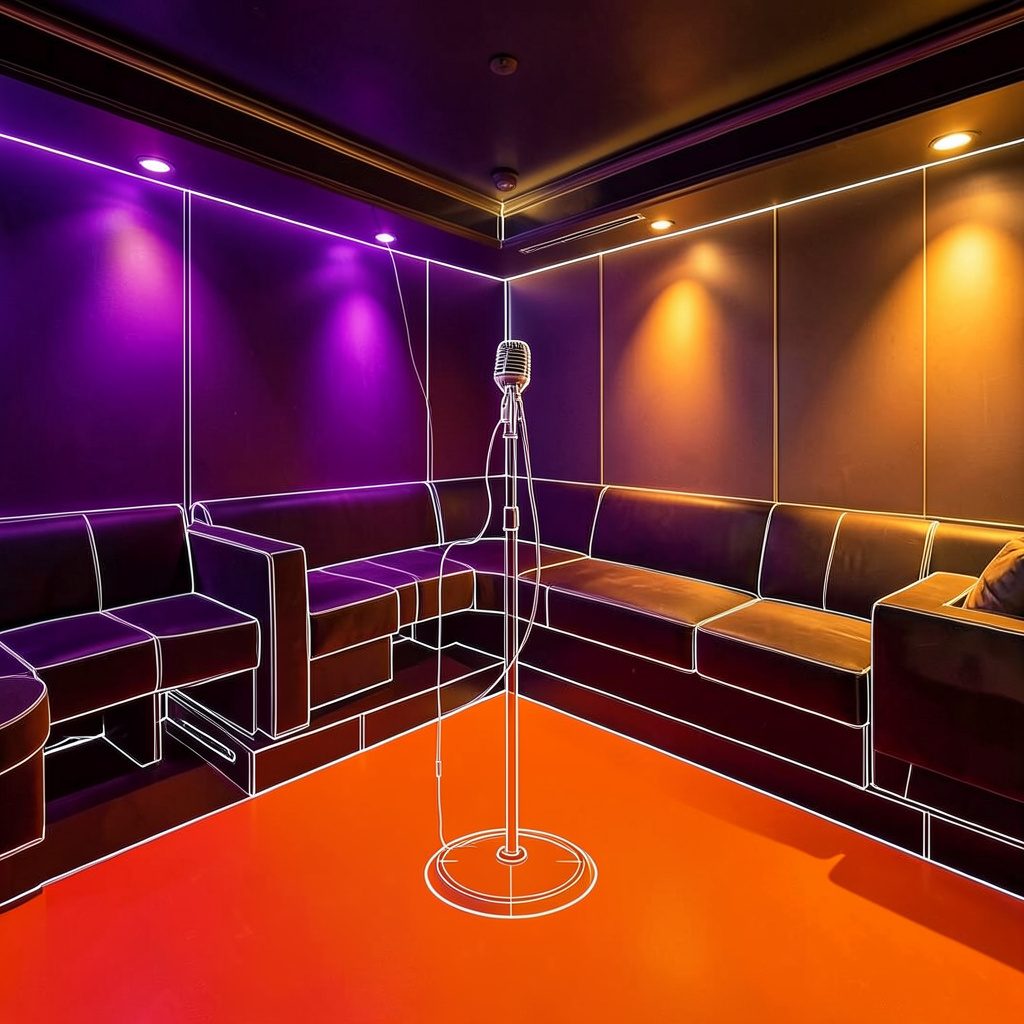 A warm, softly lit karaoke lounge with a microphone on a stand and colorful ambient lighting in deep purple and gold tones