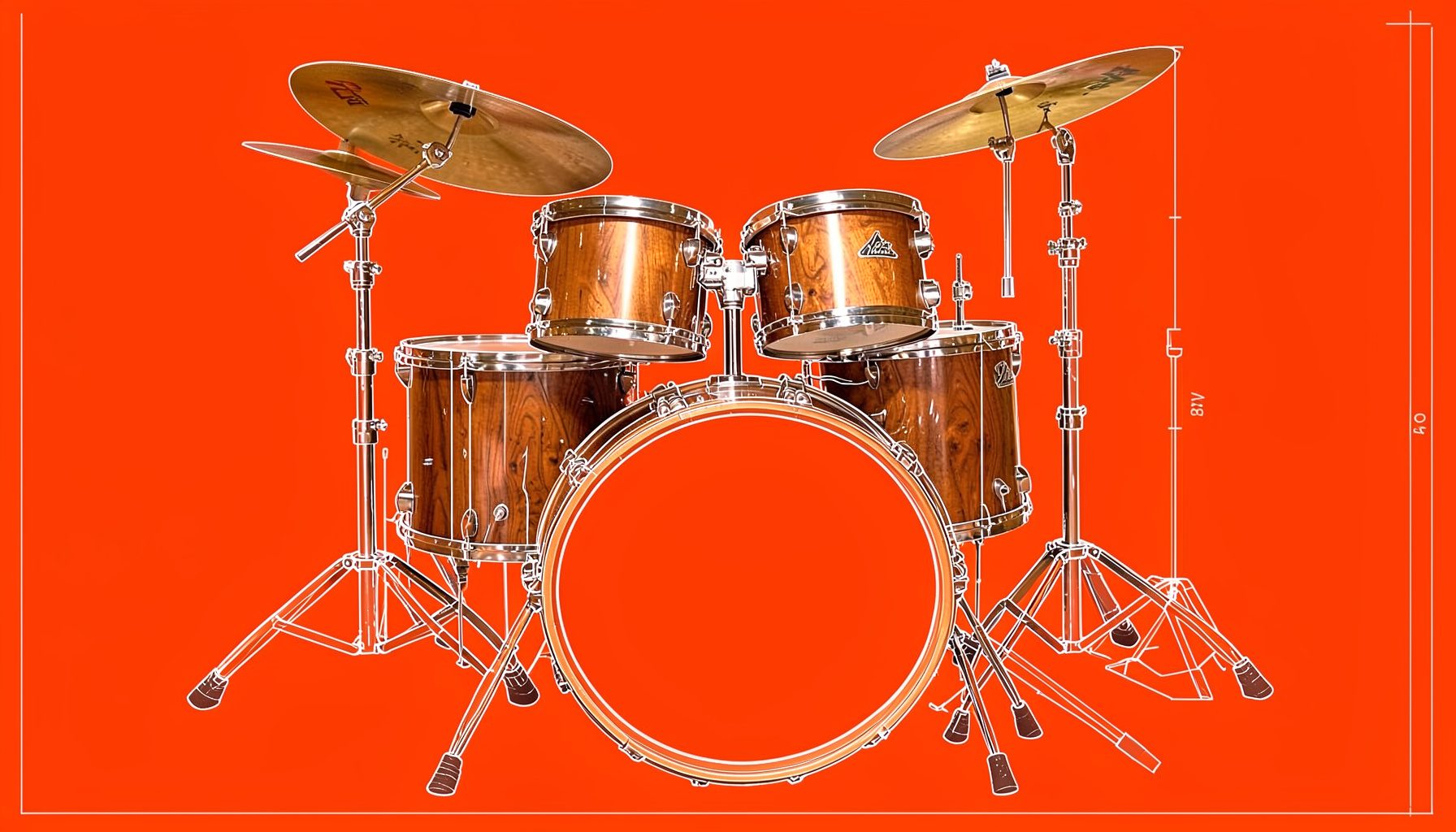A close-up of an acoustic drum kit with warm wood shells and brass cymbals under soft stage lighting