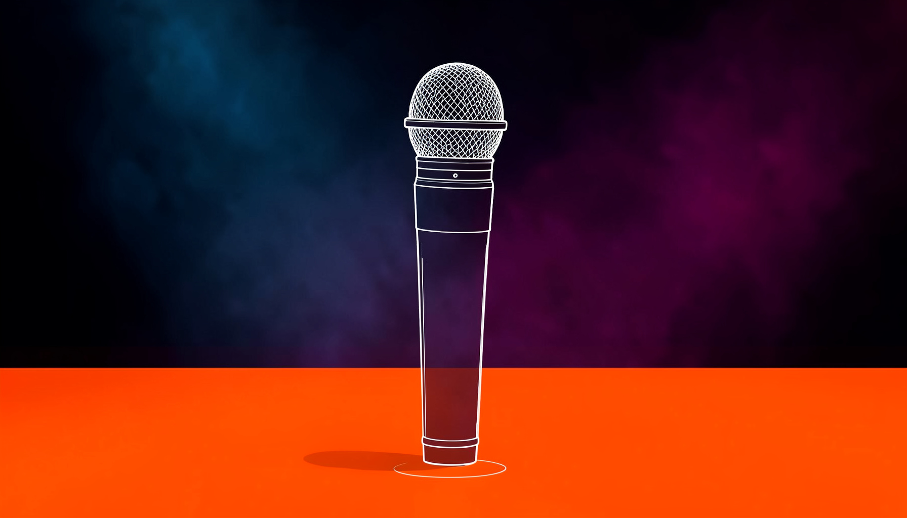 A handheld microphone against a dark background with soft blue and magenta stage haze